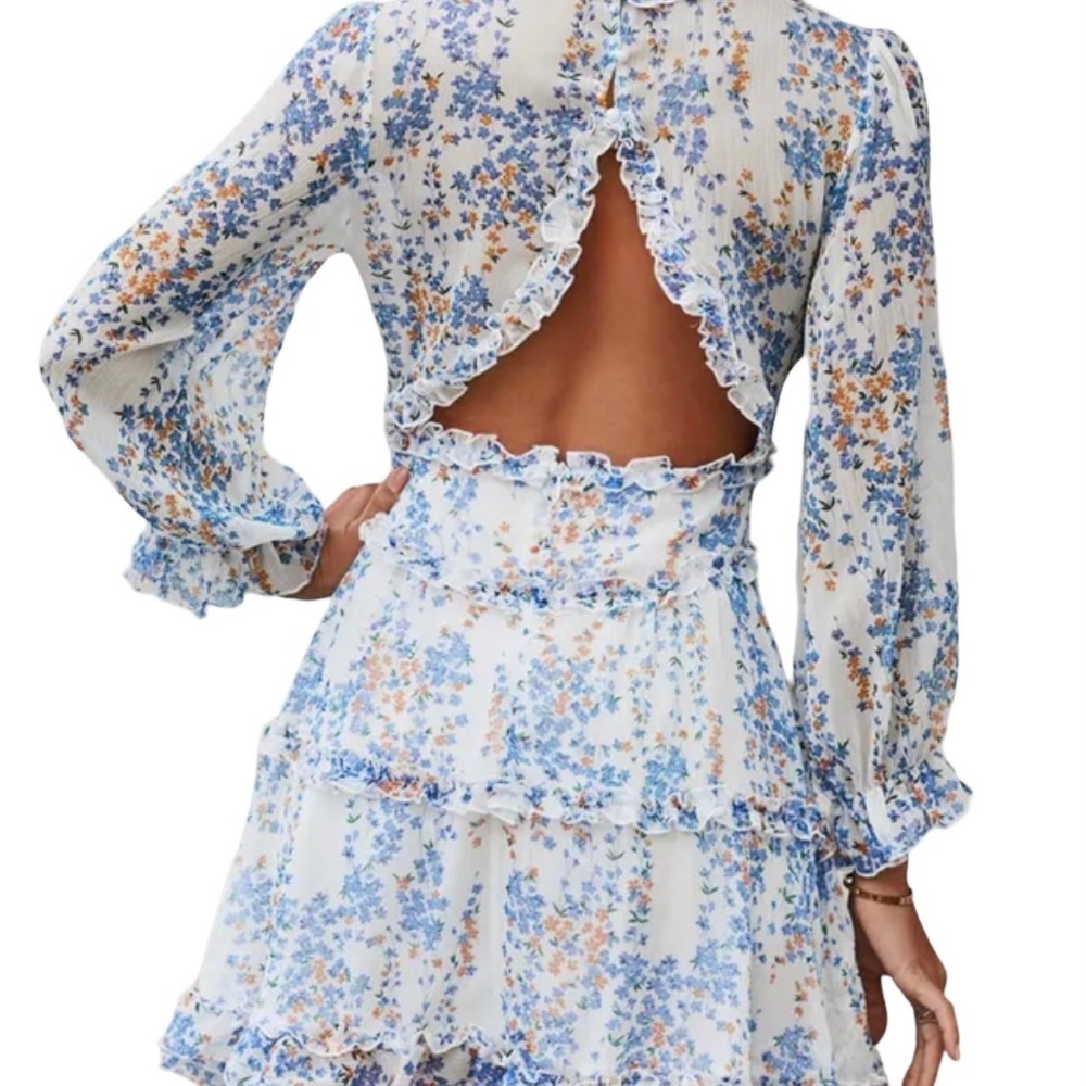 Boho floral prints with ruffles dress with open back,women's mini dress #1006 - Picture 4 of 5